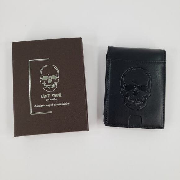 LAZY SKULL Black Bifold Wallet Faux Leather Goth Collection Slim RFID Blocking - Picture 2 of 6